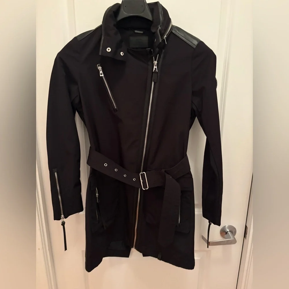 RUDSAK Moira Black Belted Jacket Hidden Hood Leather Trim Size XS - Picture 6 of 16